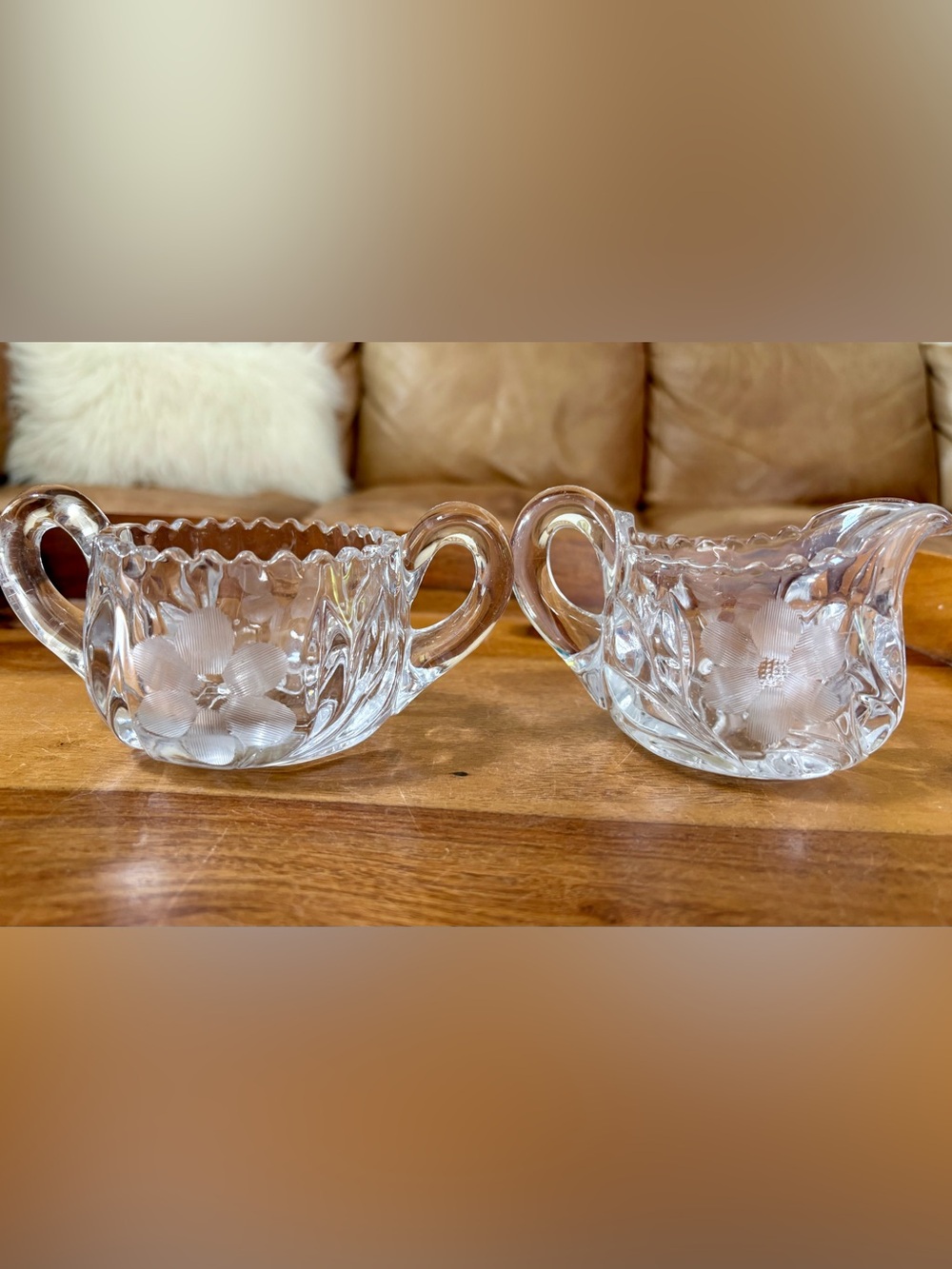 Vintage Etched Crystal Creamer & Sugar Bowl